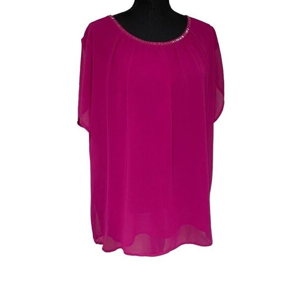 New York & Company Dark Raspberry Tulip Sleeve Embellished Top - Picture 1 of 9